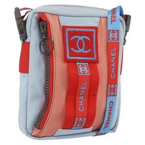 CHANEL Sports Line Shoulder Bag Canvas Light Blue Silver CC Auth BA9406